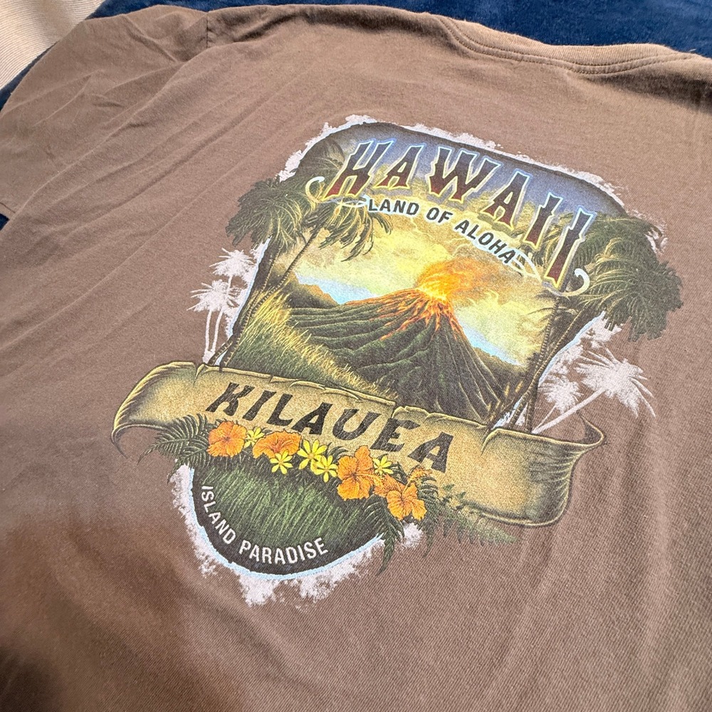 Men XL T-Shirt Brown Hawaii Kilauea Volcano Souvenir Graphic Tee TRAVEL GORPCORE